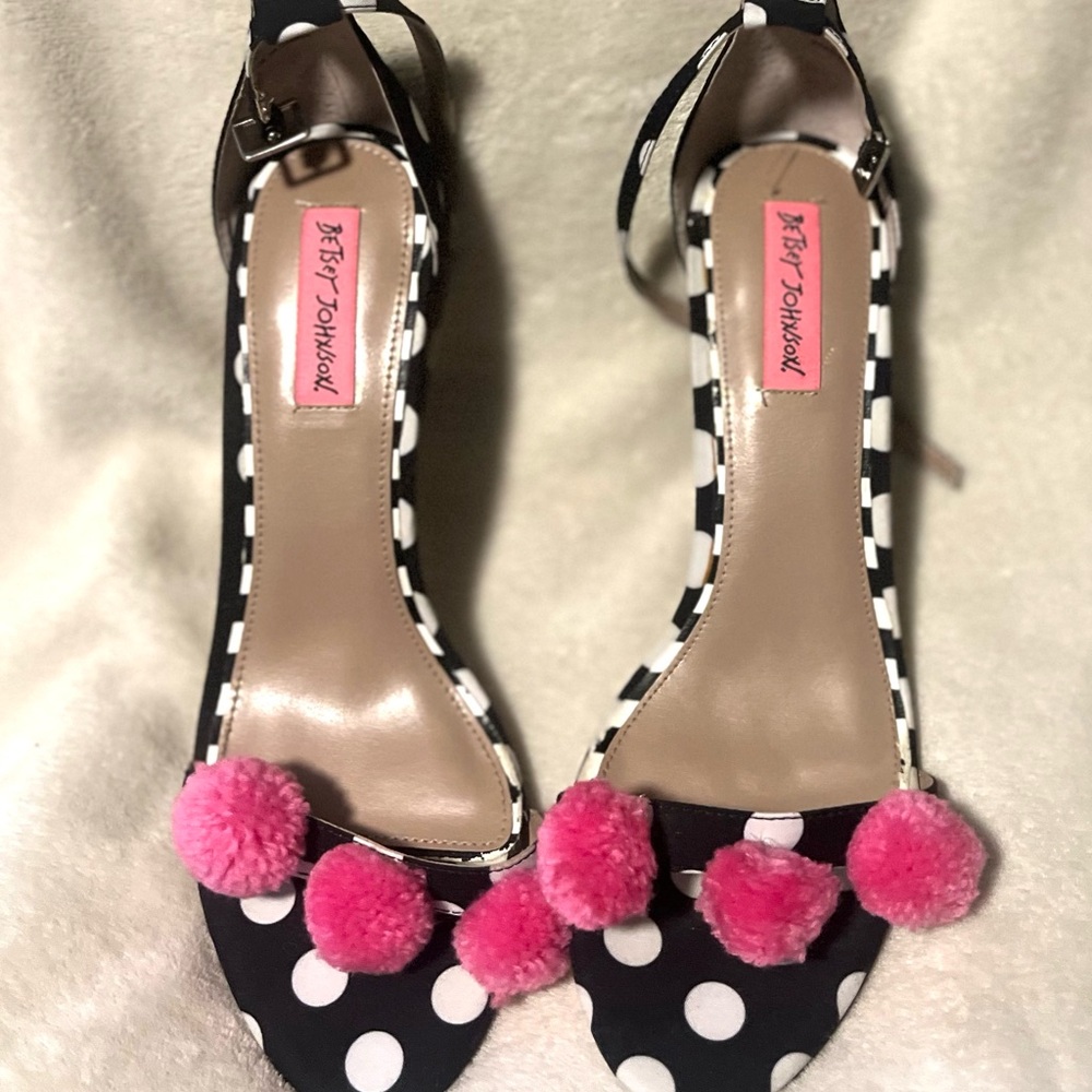 Betsey Johnson Black and White Polka Dot Heels with Pink Pom Poms Lilly